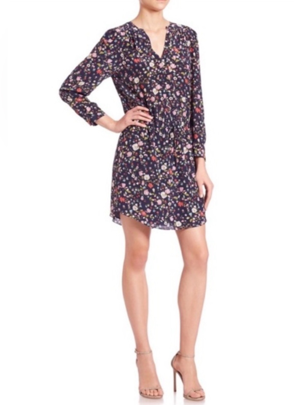 Rebecca Taylor Navy Floral Mini Dress, Long Sleeve,100% Silk,Drawstring Waist, 0